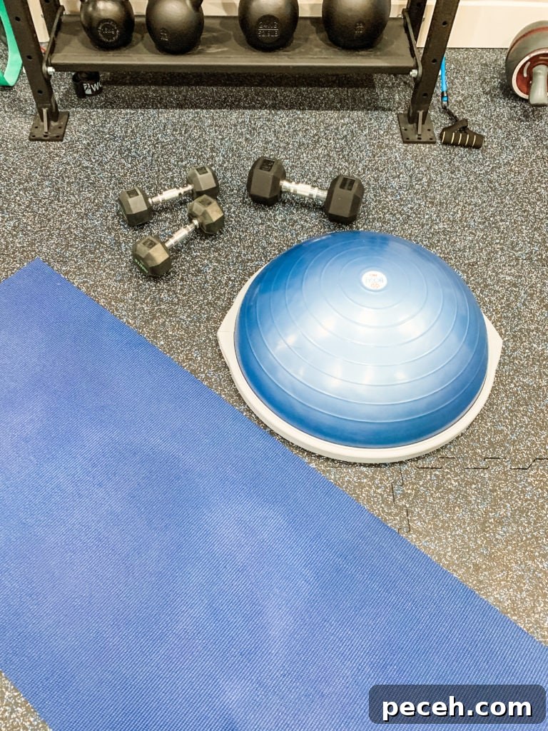 BOSU Ball Chest, Core & Quad Workout for Strength and Stability 3 equipment needed for Bosu Ball Workout--bosu balance trainer, dumbbells, and yoga mat.