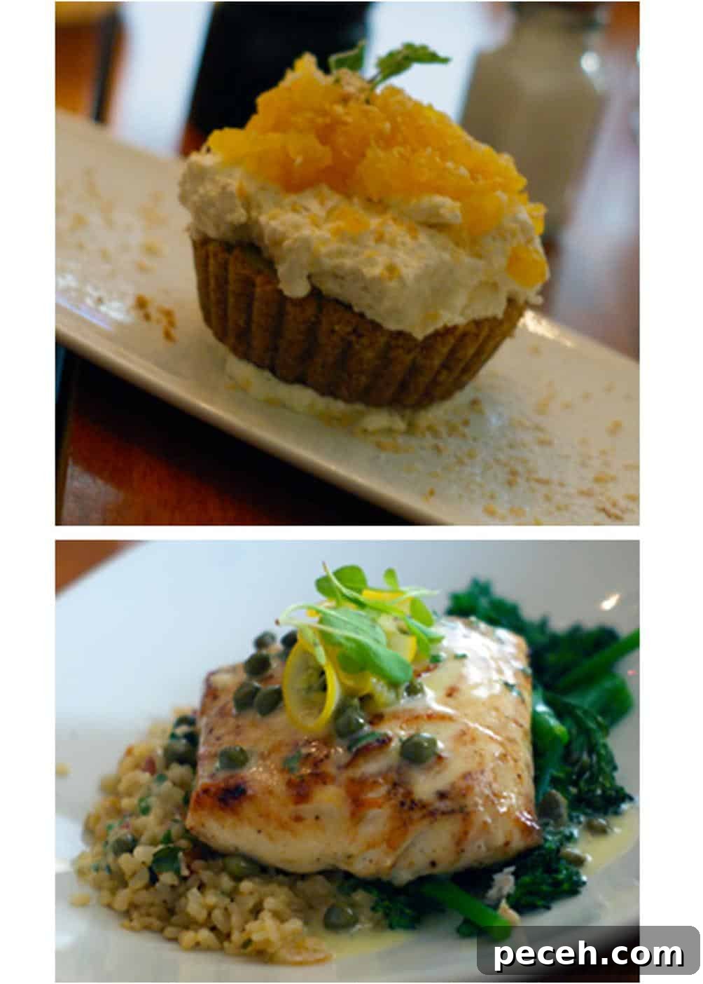 Discover Michigan: Road Trips, Lakes and Outdoor Activities 14 Coconut cream pie with pineapple compote on white dish and whitefish with caper sauce