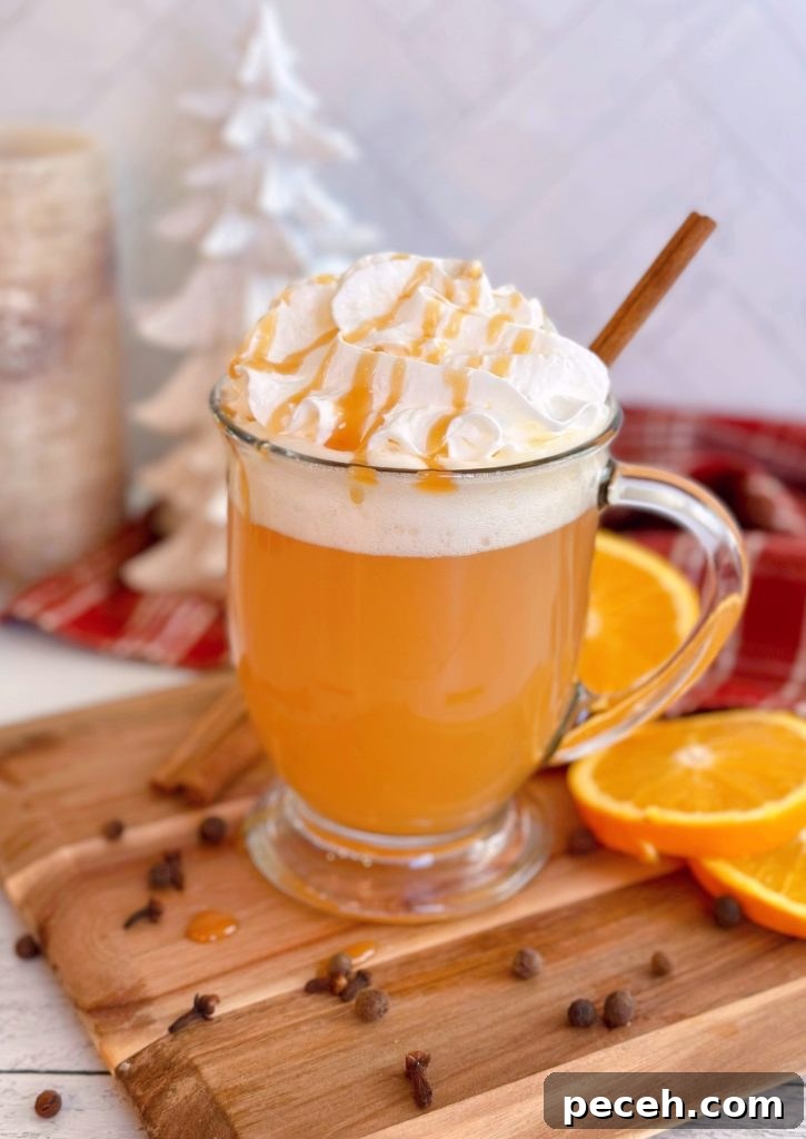 Mug of slow cooker Spiced Apple Cider with orange slices surrounding it, topped with whipped cream, caramel drizzle, and a cinnamon stick.