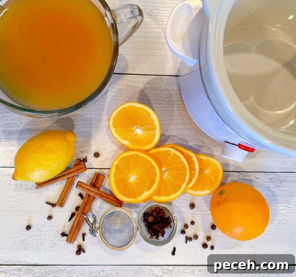 Ingredients for Old Fashioned Spiced Apple Cider on a wooden board.