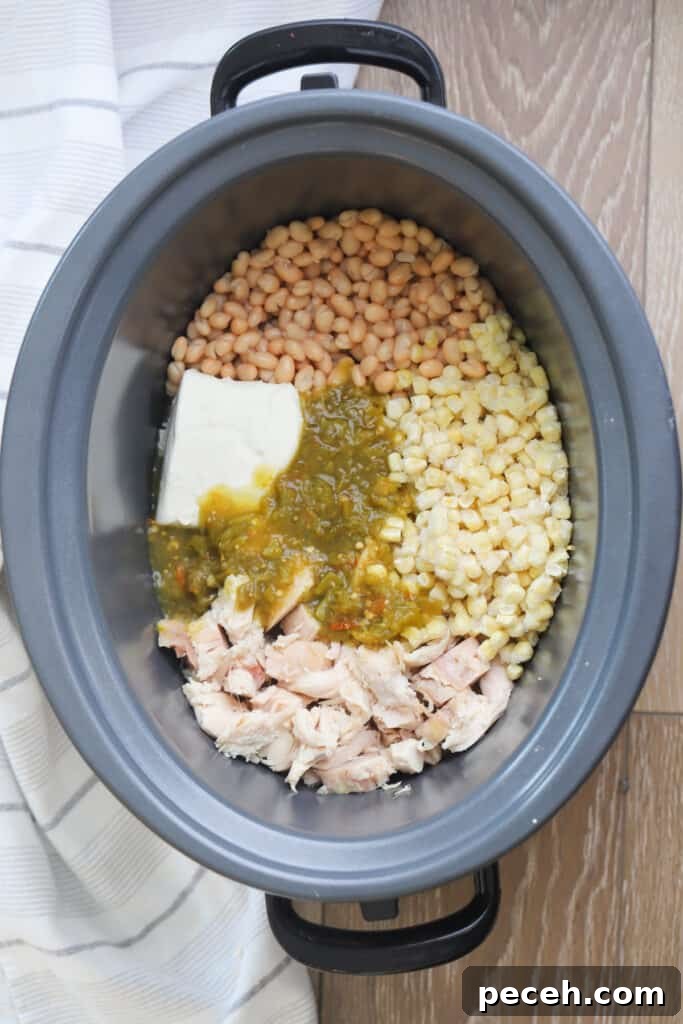 Creamy Green Chile Chicken Enchilada Soup Recipe 2 A crockpot full of chicken, beans, corn, enchilada sauce and cream cheese for making green enchilada chicken soup.