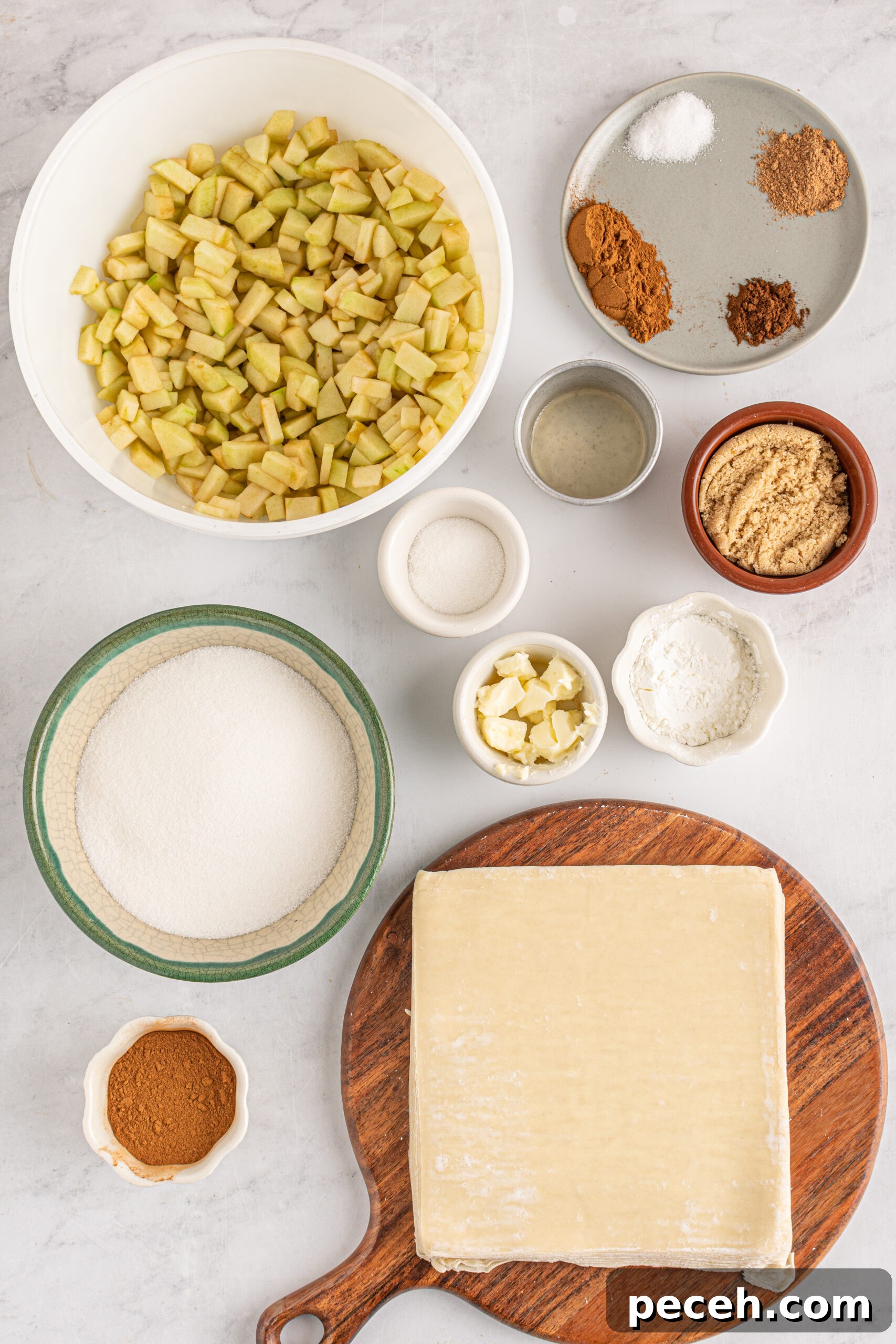 Crispy Apple Pie Egg Rolls with Cinnamon Sugar Dip 7 Overhead view of ingredients needed for recipes.