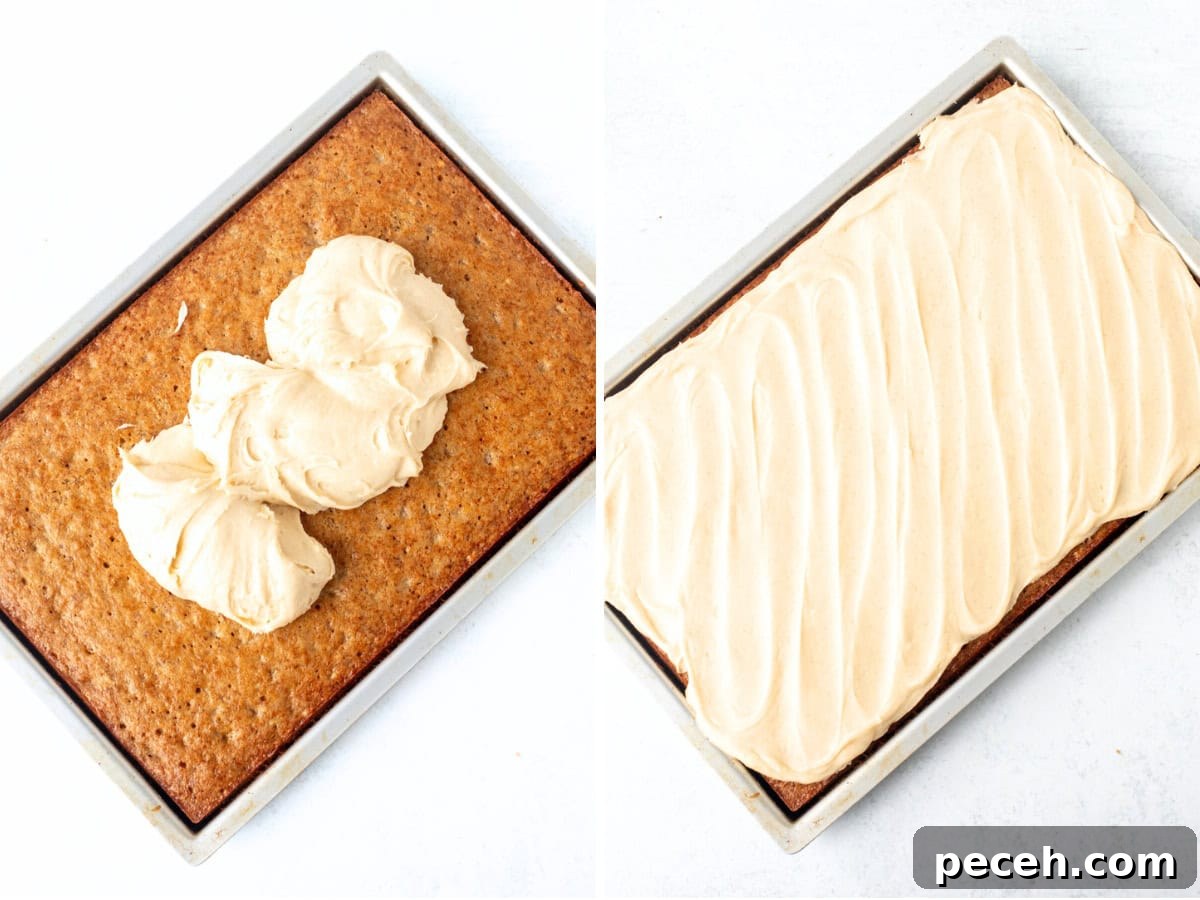 Moist Banana Bars with Cream Cheese Frosting Recipe 5 Pan of baked banana bars with cinnamon cream cheese frosting added on top, and pan of frosted banana bars