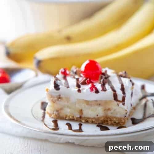 slice of banana split cake drizzled with chocolate sauce and topped with a maraschino cherry.