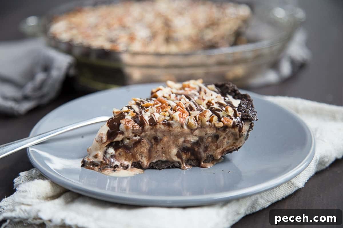 Decadent Mississippi Mud Ice Cream Pie Recipe 3 slice of ice cream pie on a gray plate topped with fudge sauce and pecans.