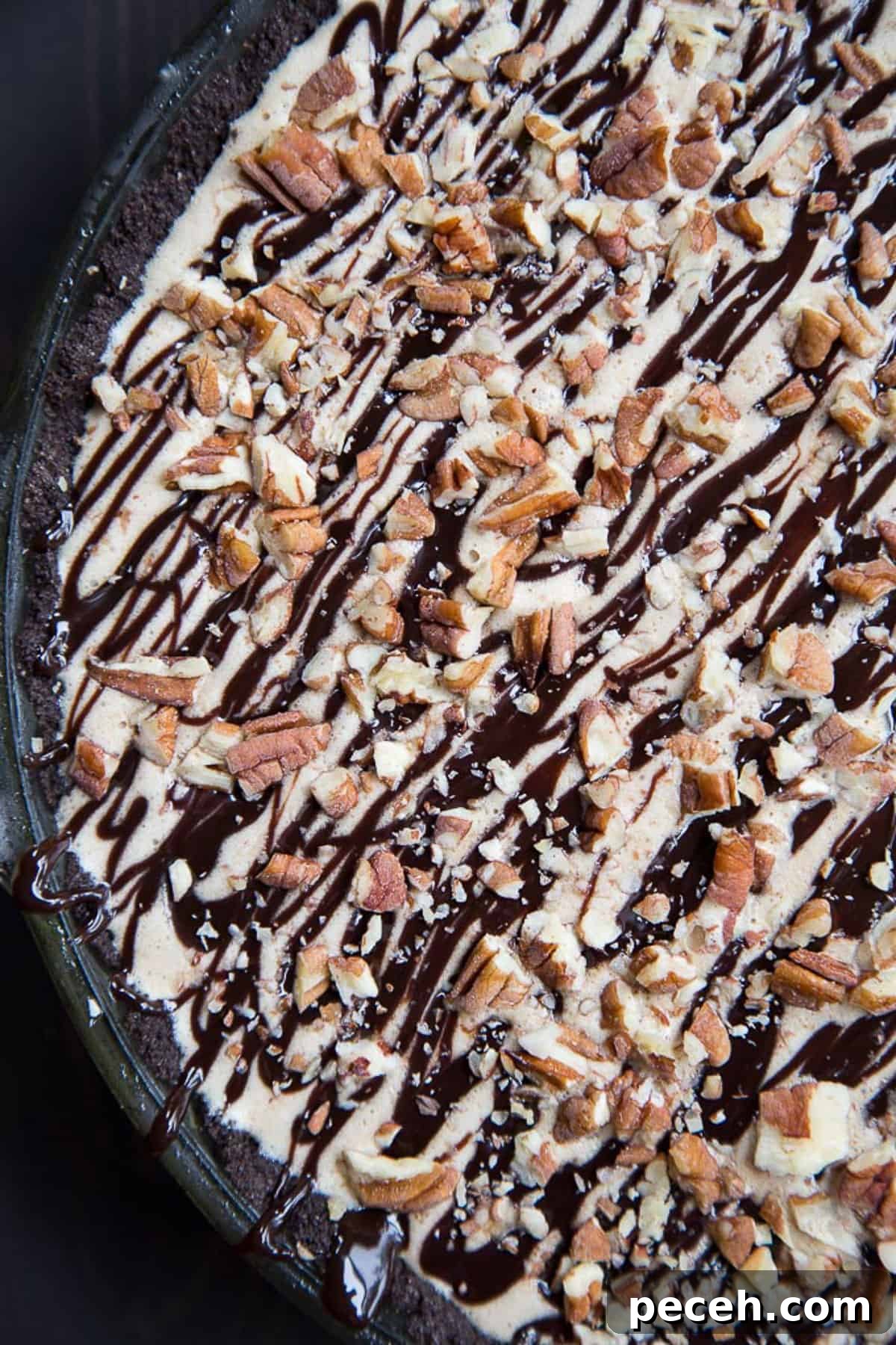 Decadent Mississippi Mud Ice Cream Pie Recipe 5 the top of an ice cream pie, with a chocolate drizzle and chopped pecans.