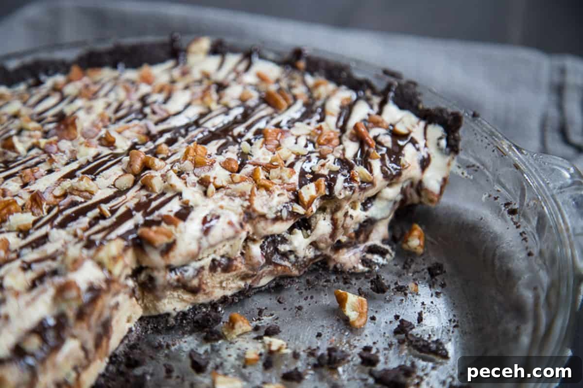 Decadent Mississippi Mud Ice Cream Pie Recipe 6 a whole ice cream mud pie with slices taken out.