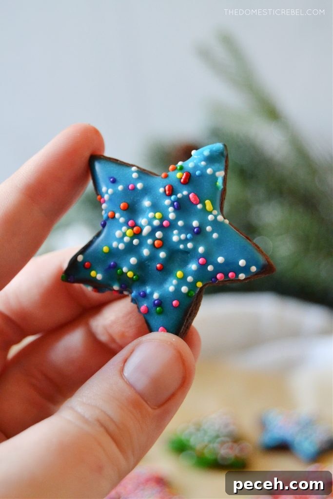 No-Chill Chocolate Cut-Out Sugar Cookies — Crispy, Ready Fast 6 author holding a glazed star chocolate sugar cookie
