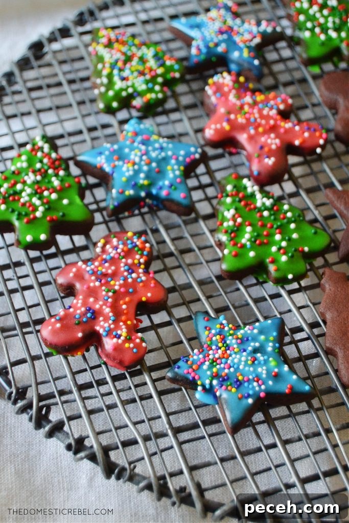 No-Chill Chocolate Cut-Out Sugar Cookies — Crispy, Ready Fast 7 frosted chocolate sugar cookies on a black wire rack