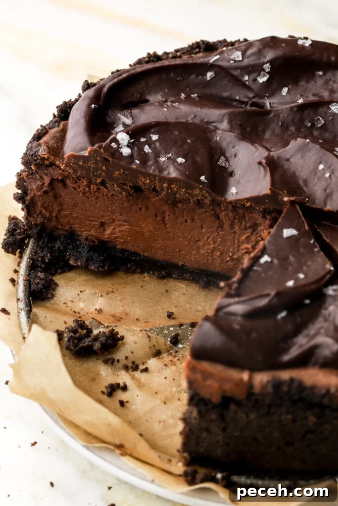 chocolate cheesecake topped with chocolate ganache