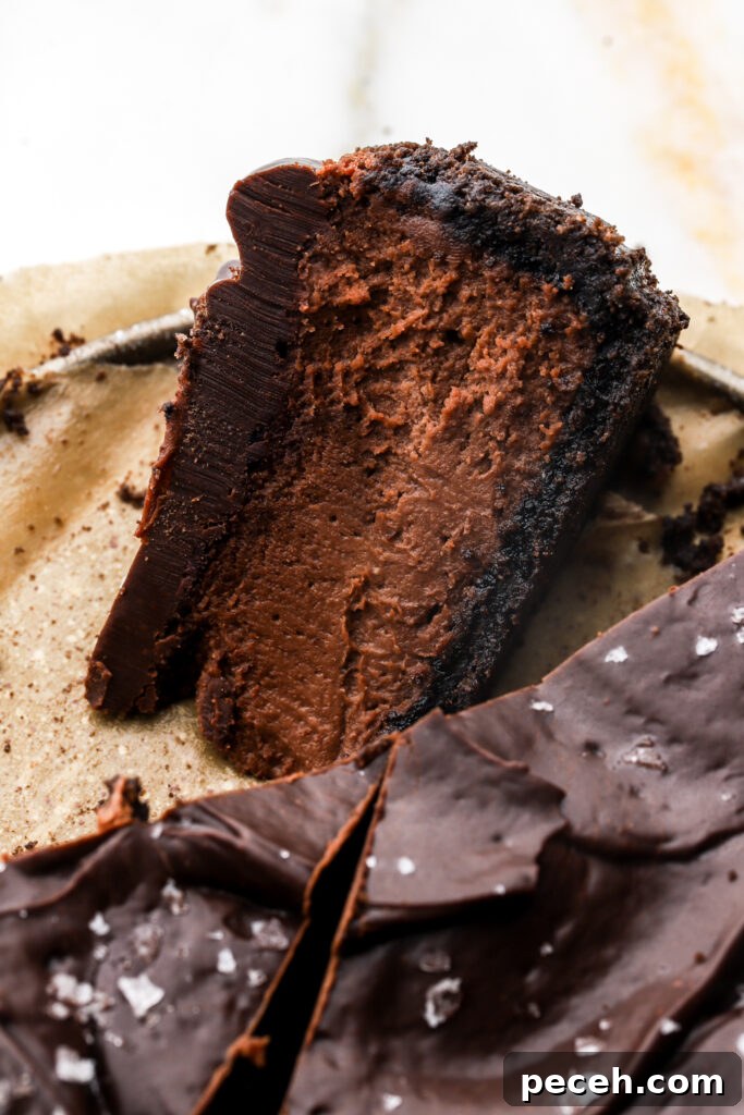 slice of chocolate cheesecake laying on it's side