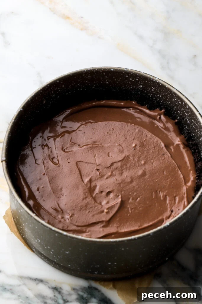 cheesecake batter poured into the oreo crust