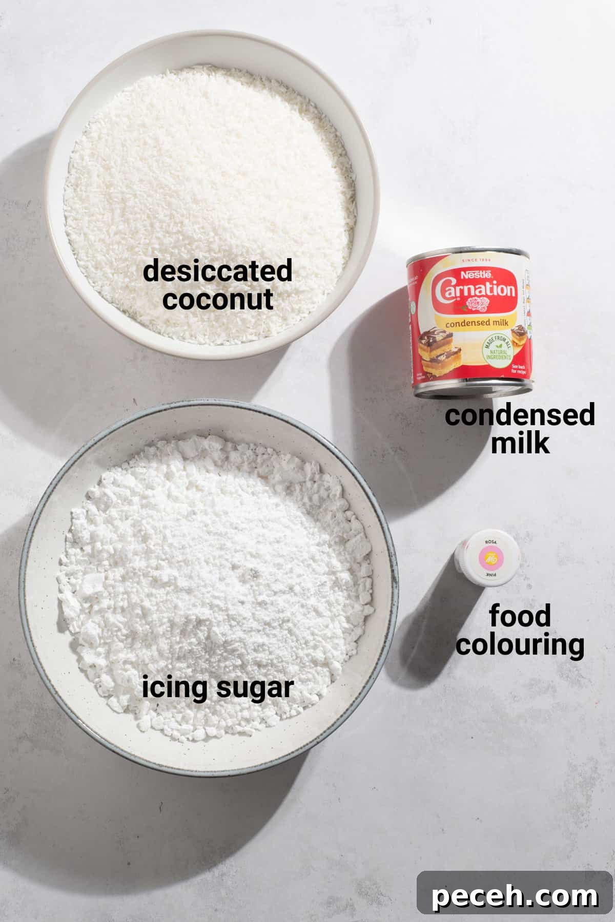 Coconut Ice Recipe: Creamy No-Bake Coconut Candy Tutorial 3 Coconut ice ingredients.