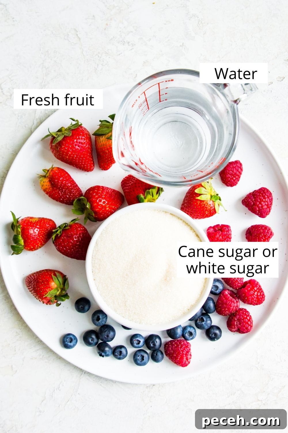 Tanghulu ingredients A plate with strawberries, a cup of white sugar and a glass of water on it.