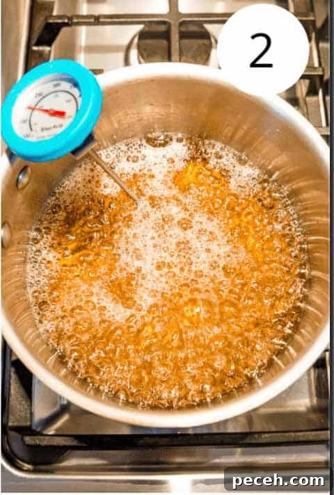 Tanghulu Candied Fruit Recipe — 3 Ingredients, Traditional Street Snack 3 Sugar and water boiling in a pot on the stovetop with a candy thermometer in it.