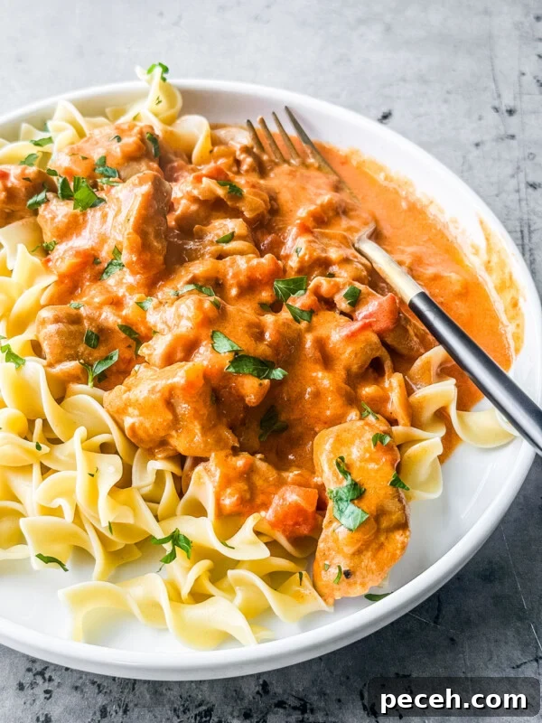 Classic Chicken Piccata Recipe with Lemon & Capers 13 Chicken paprikash on a plate over egg noodles.