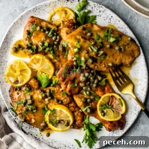 Classic Chicken Piccata Recipe with Lemon & Capers 14 Platter of chicken piccata smothered in sauce, capers, lemon slices, and fresh parsley.