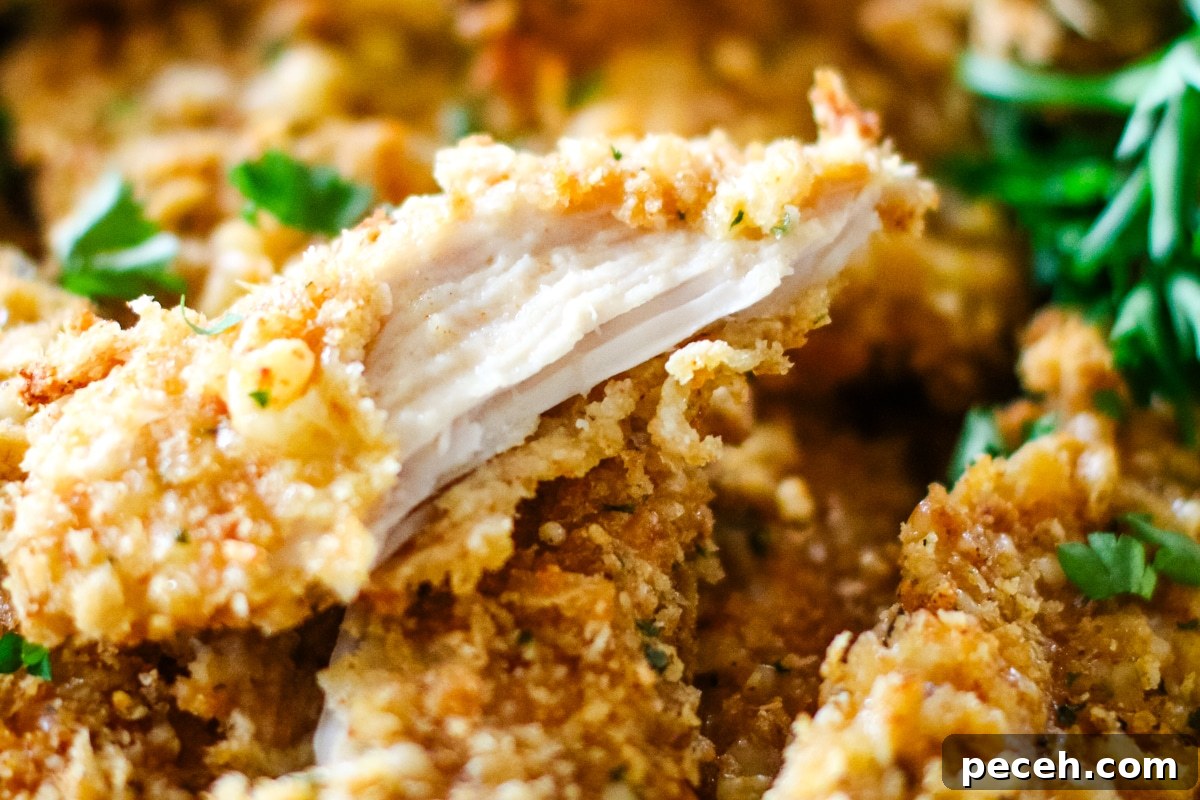 crispy oven-baked chicken cutlets on a plate with one cutlet broken in half .