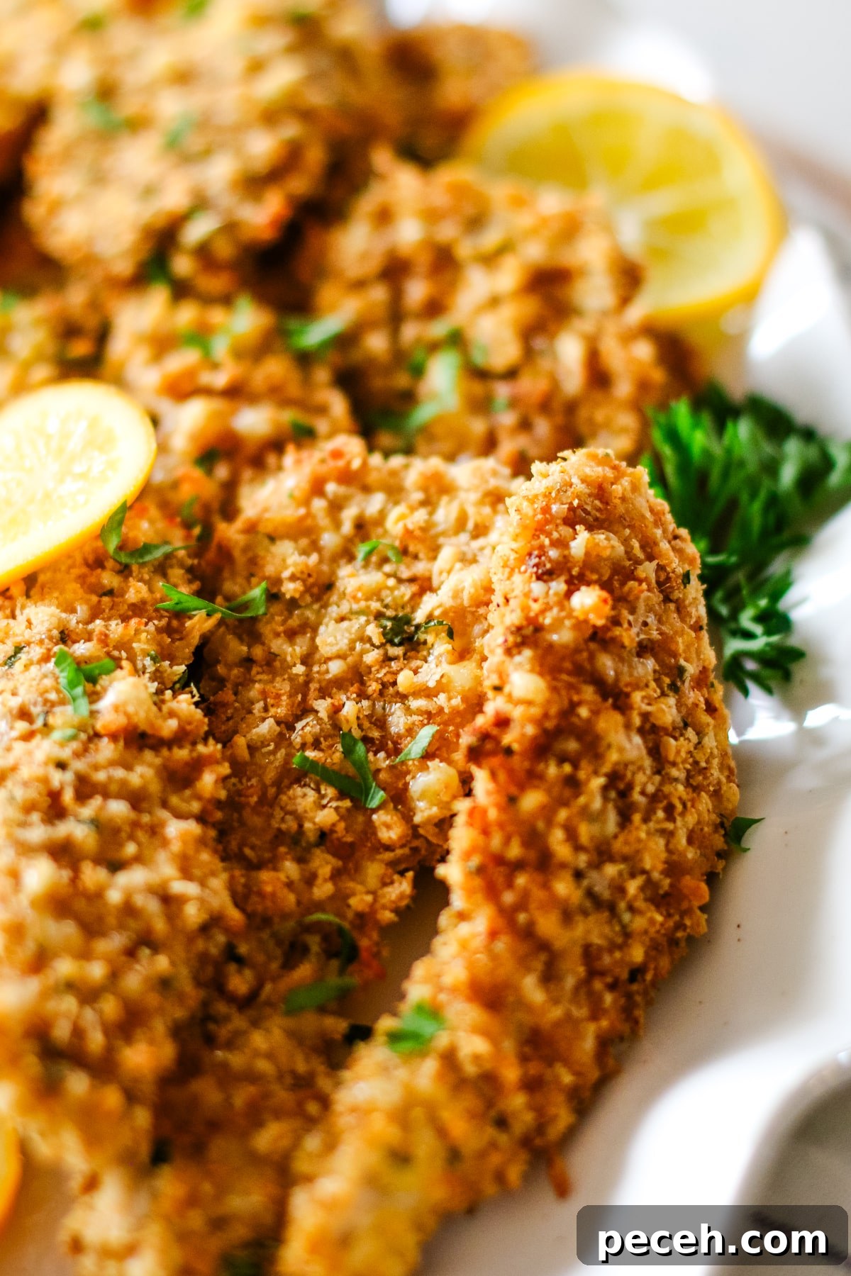 oven-baked chicken cutlets on a plate with lemon slices.