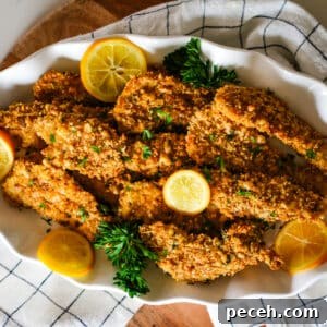 oven-baked chicken cutlets on a plate with lemon slices.