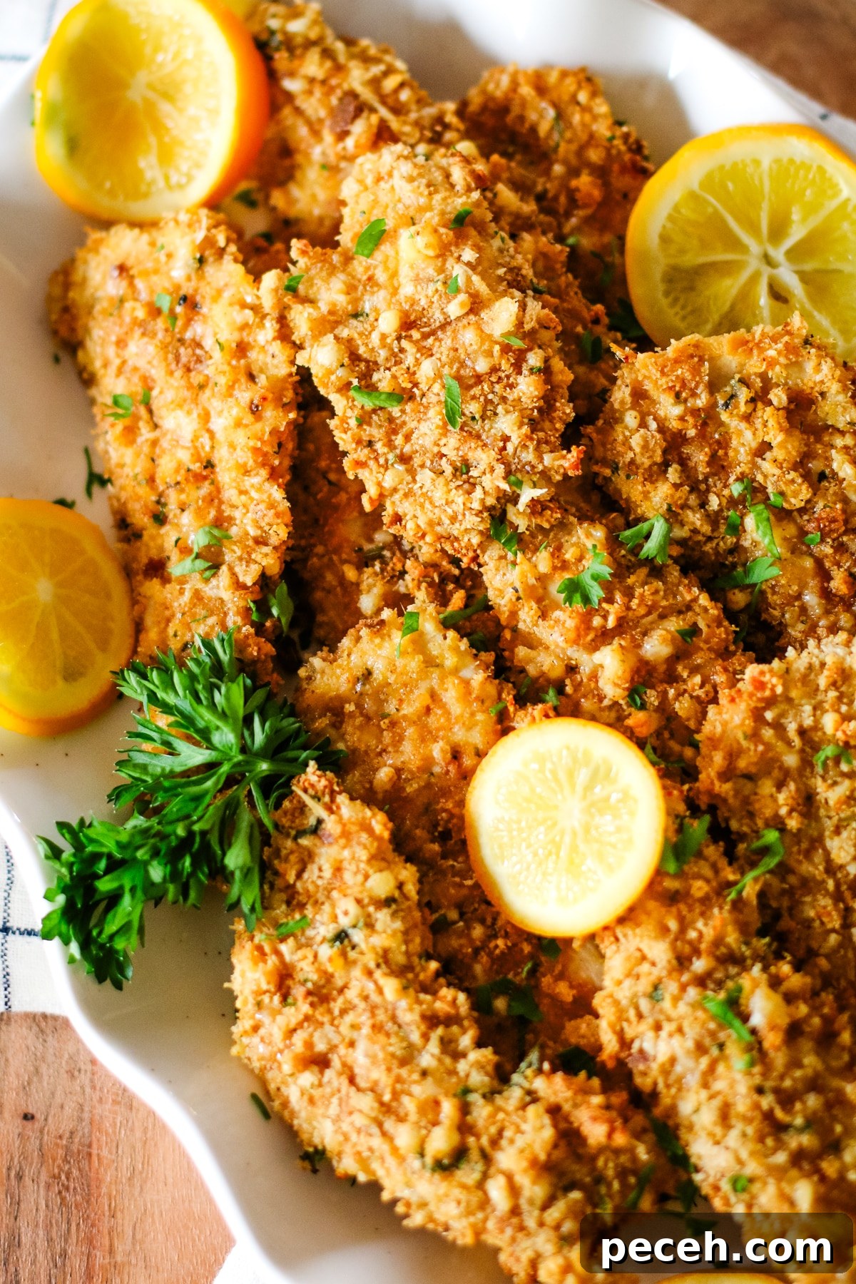 oven-baked chicken cutlets on a plate with lemon slices.