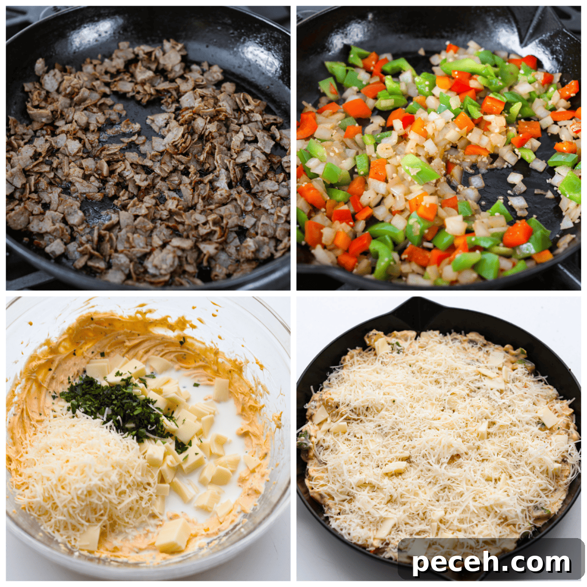 4-photo collage of all of the dip ingredients being added to a baking dish.