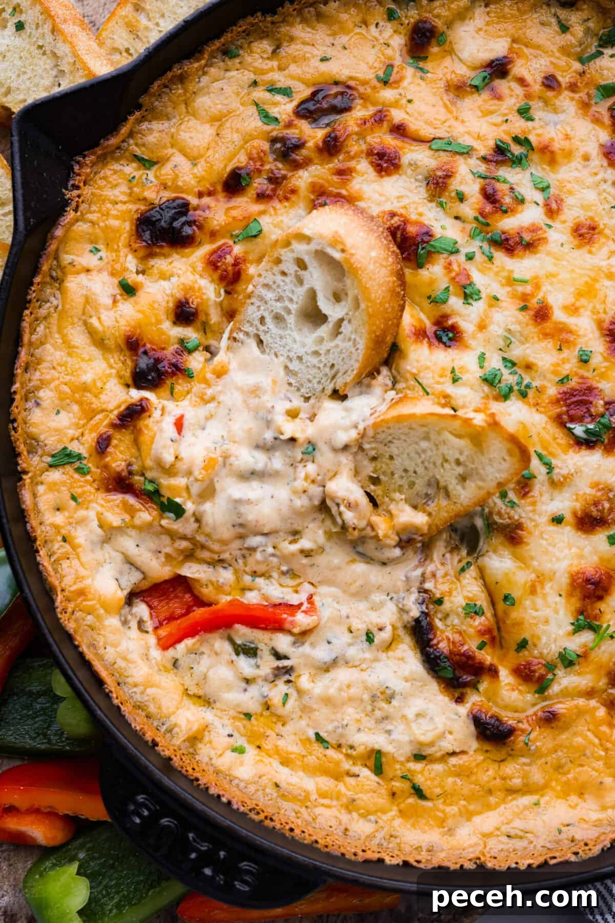 Closeup of Philly cheesesteak dip.