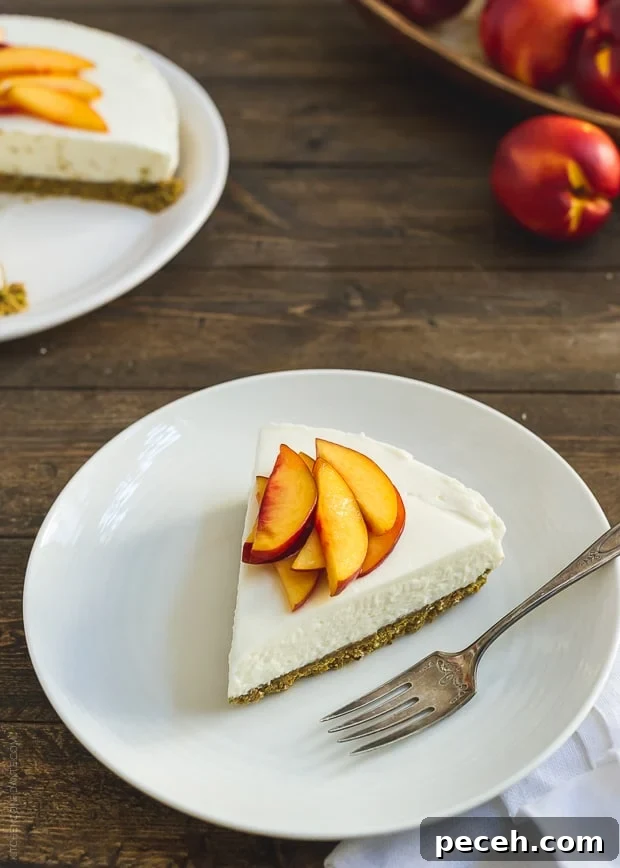 No-Bake Goat Cheese Cheesecake with Nectarine Compote 6 A slice of No-Bake Goat Cheese Cheesecake on a white plate with a fork.