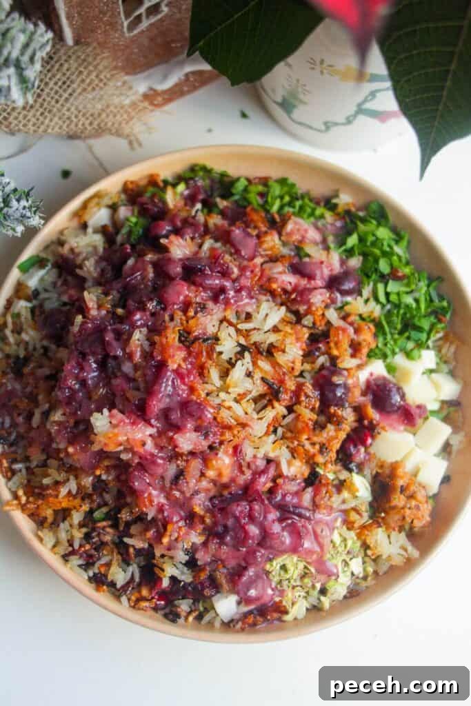 Cranberry-Dressed Crispy Rice Salad for Holiday Gatherings 8 Cranberry dressing poured over crispy rice salad.