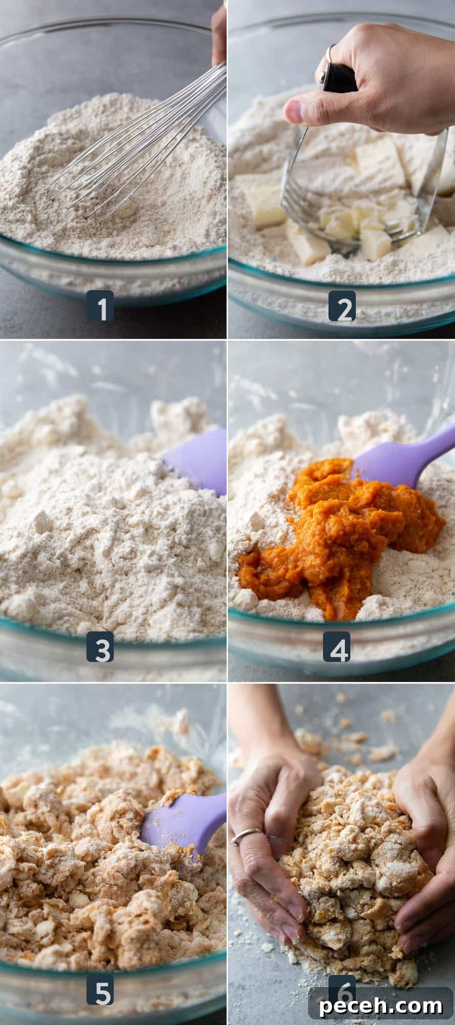 Maple-Glazed Pumpkin Scones Recipe for Fall Baking 6 six steps showing how to make pumpkin scones by hand.