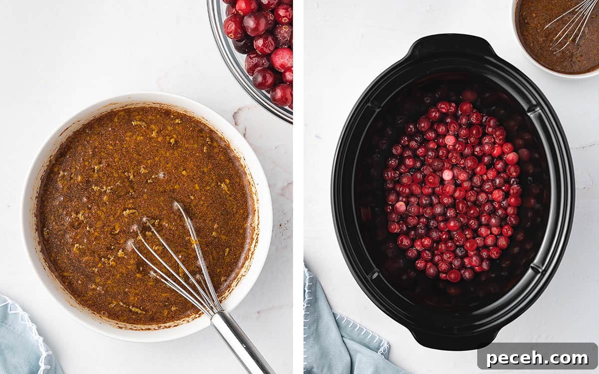 Slow Cooker Cranberry Sauce Recipe for Thanksgiving 5 Set of two photos showing sauce ingredients mixed and cranberries added to a crockpot.