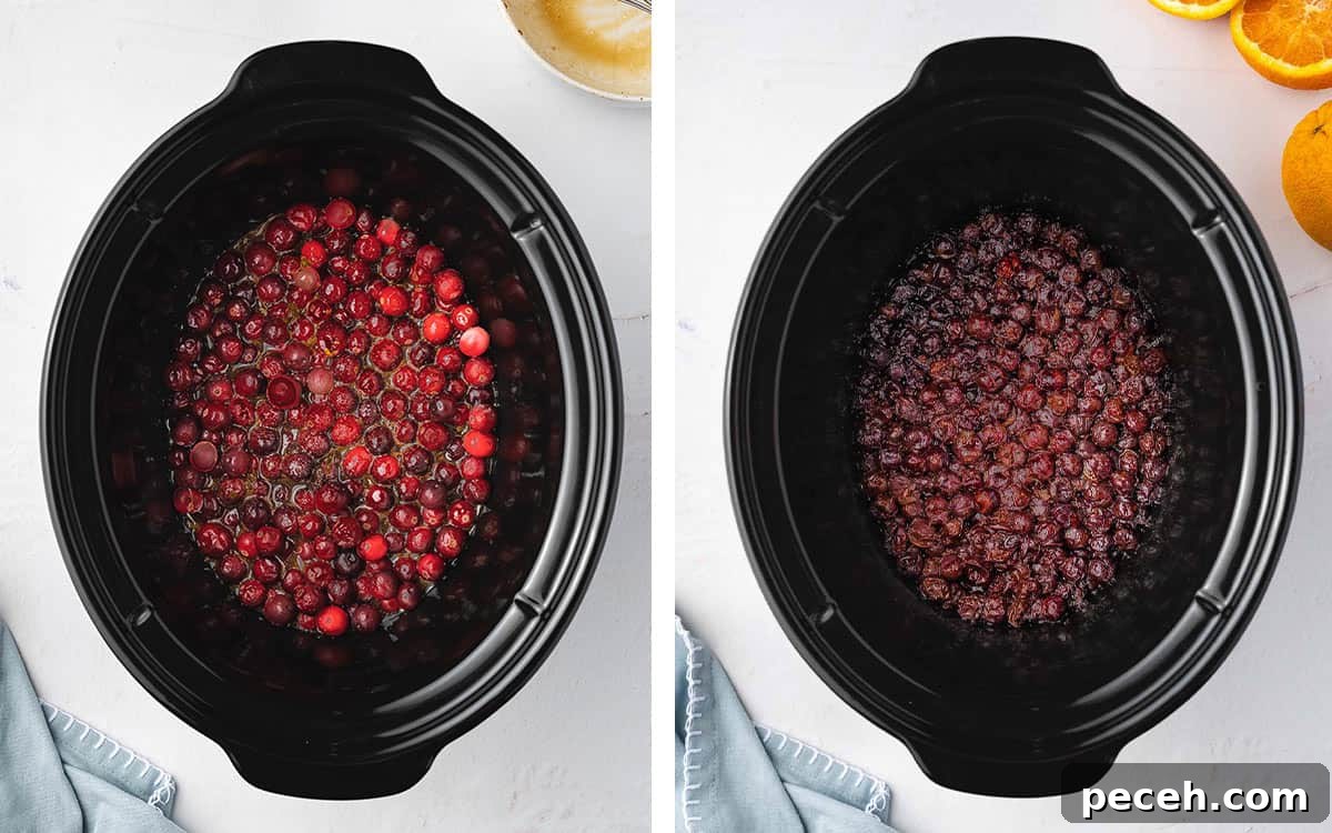 Slow Cooker Cranberry Sauce Recipe for Thanksgiving 6 Set of two photos showing the cranberries cooking in the sauce cooker.