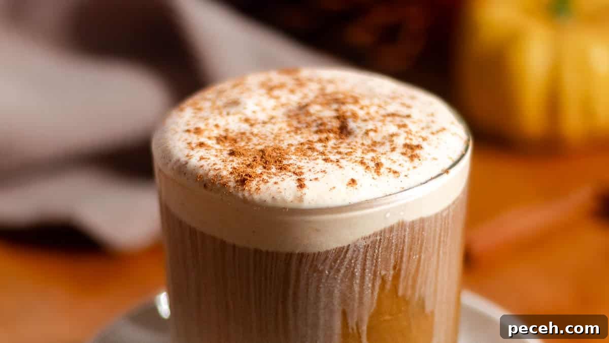 Close-up of iced coffee topped with thick pumpkin cold foam and dusted with cinnamon.