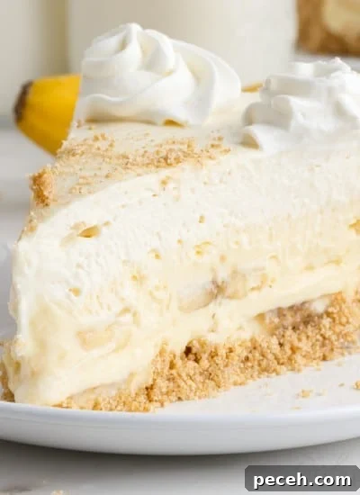 slice of banana cream cheesecake on a plate.