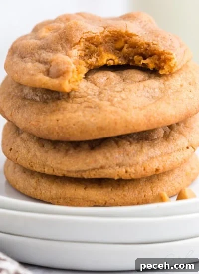 stack of pumpkin butterscotch cookies on white plates with a bite taken out of top cookie.