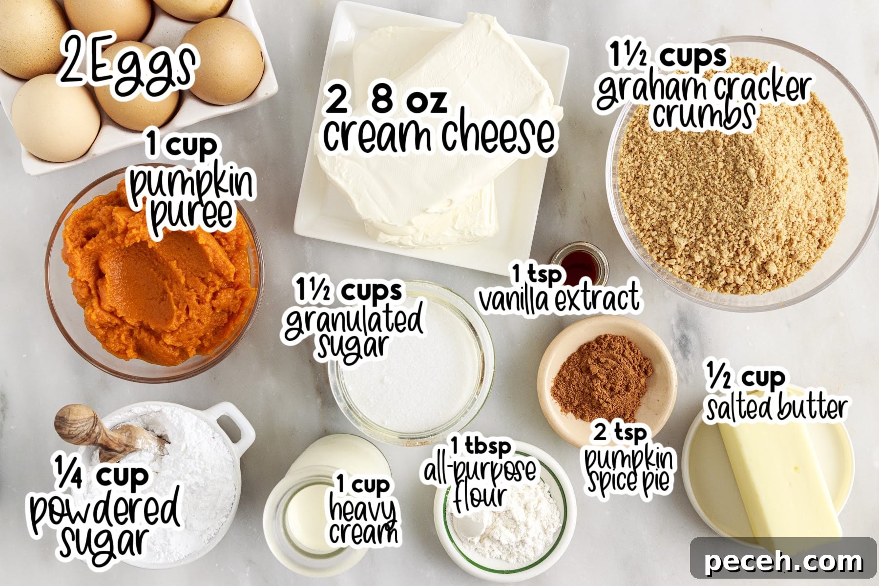 Individual plates and bowls with ingredients needed to make mini pumpkin cheesecakes, with text labels.