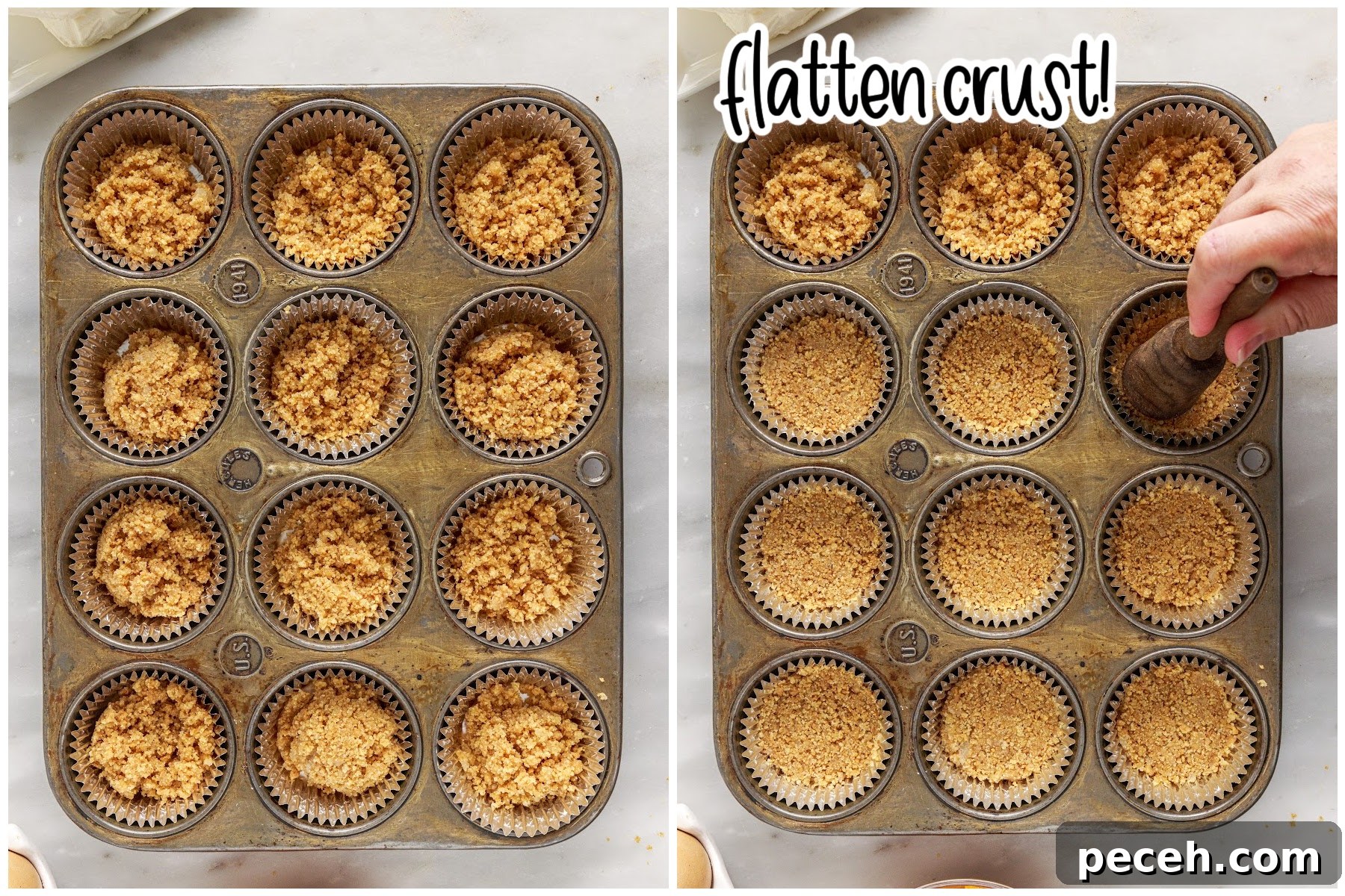 Adding graham cracker crumble to muffin tins and packing it down.