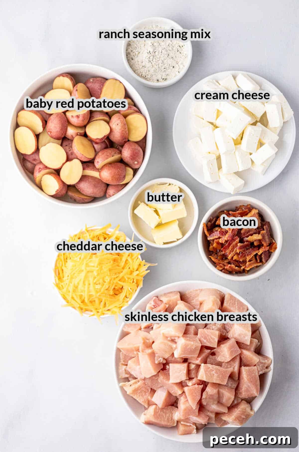 Cheesy Crack Chicken Foil Packet Dinner Recipe 3 Overhead Image of Crack Chicken Foil Packets Ingredients