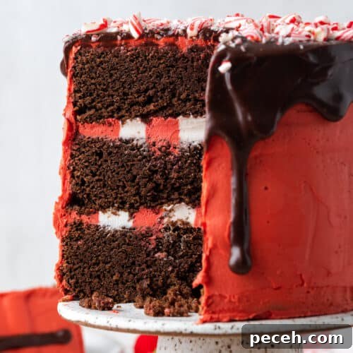 A chocolate peppermint cake coated in red frosting and covered with a chocolate drip.