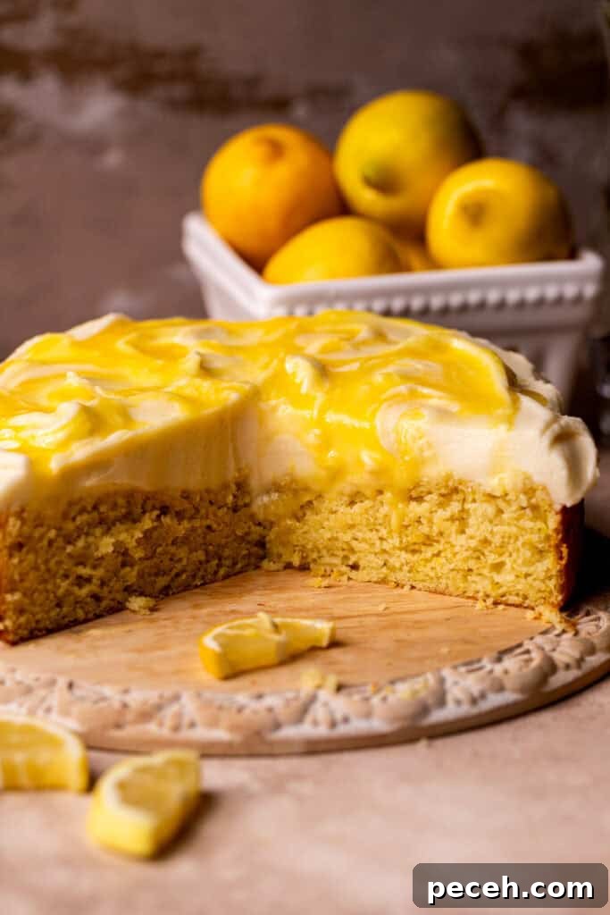 Side view of lemon curd cake.