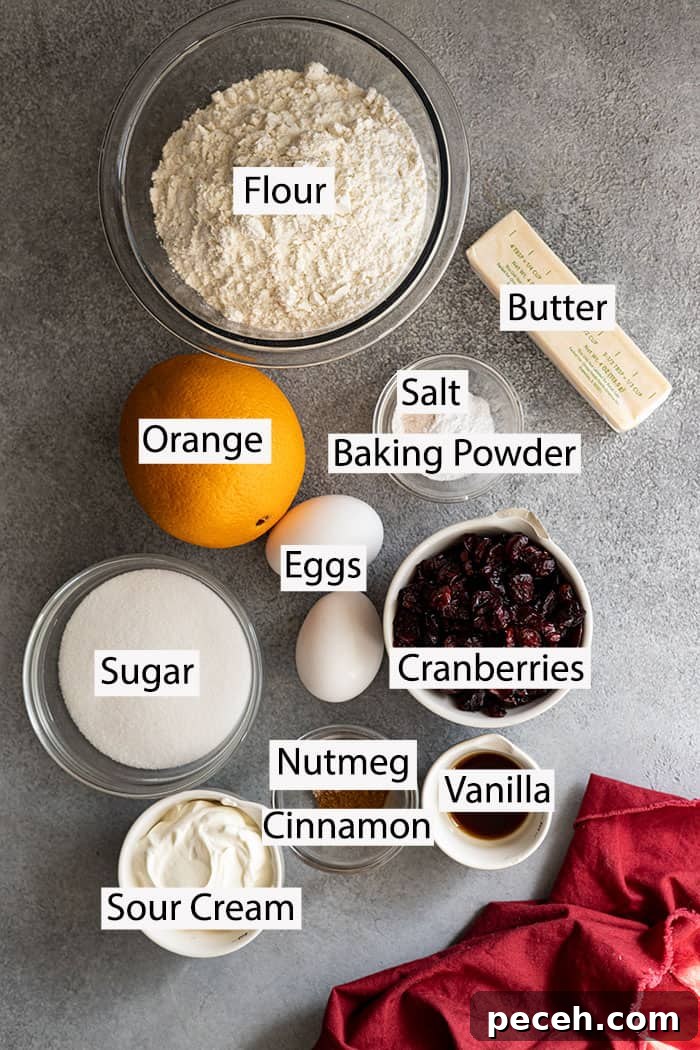 Cranberry Orange Muffins with Zesty Citrus Glaze 3 Ingredients: flour, butter, orange zest, orange juice, salt, baking powder, eggs, sugar, sour cream, nutmeg, cinnamon, vanilla, and cranberries.