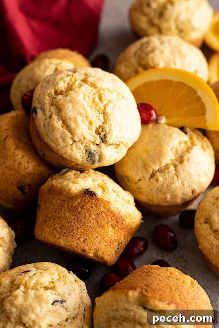 Cranberry Orange Muffins with Zesty Citrus Glaze 5 Overhead view of muffins scattered and piled together. Cranberries and orange slices scattered.