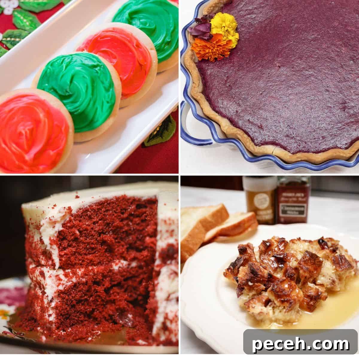 Southern Soul Food Christmas Desserts: Classic Holiday Sweets Guide 2 Southern Soul Food Christmas Desserts - Southern soul food Christmas desserts featuring frosted holiday tea cakes, purple sweet potato pie in a fluted dish, classic red velvet cake with cream cheese frosting, and warm bread pudding, curated and expertly baked by Shaunda Necole of The Soul Food Pot®.