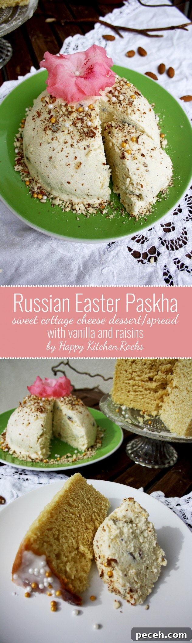 Traditional Russian Easter paskha, a festive dish made of cottage cheese (tvorog), butter, dried fruits and vanilla.This paskha recipe is healthy and incredibly delicious. Serve it as a spread for sweet Easter bread (kulich) or as a dessert.