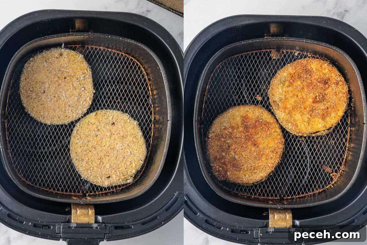 Crispy Air-Fried Eggplant Slices: Quick Restaurant-Style Recipe 7 Sliced eggplant in air fryer before and after cooking.