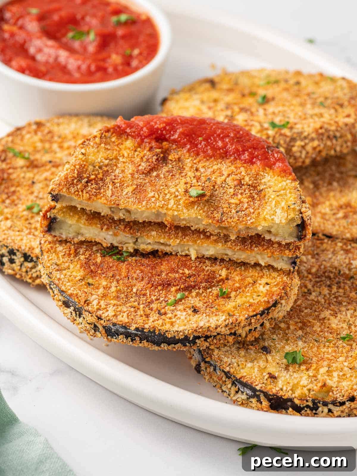 Crispy Air-Fried Eggplant Slices: Quick Restaurant-Style Recipe 9 Eggplant dipped in marinara sauce.
