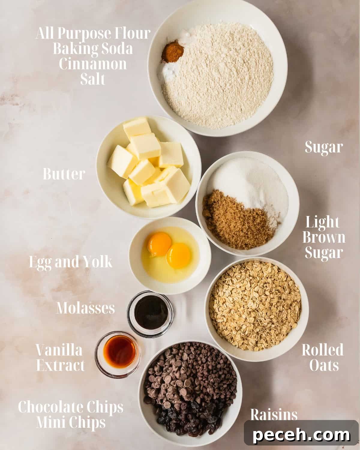 Dry Ingredients: Gather all purpose flour, baking soda, salt and old fashioned oats. 
Wet Ingredients: Gather unsalted butter, granulated sugar, light brown sugar, an egg and an egg yolk, vanilla extract, molasses, raisins and chocolate chips. 