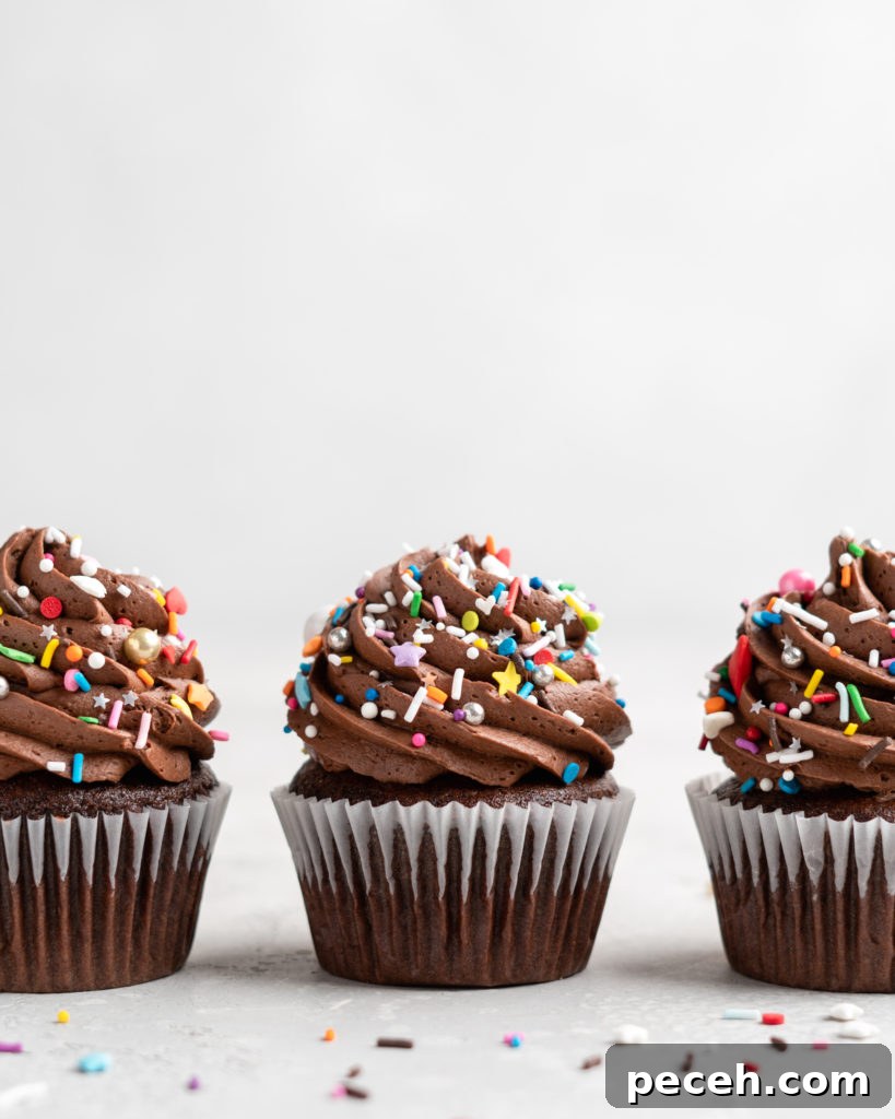These Chocolate Cupcakes are moist and fluffy, and jam-packed with rich chocolate flavor! Topped with a rich, buttery chocolate buttercream