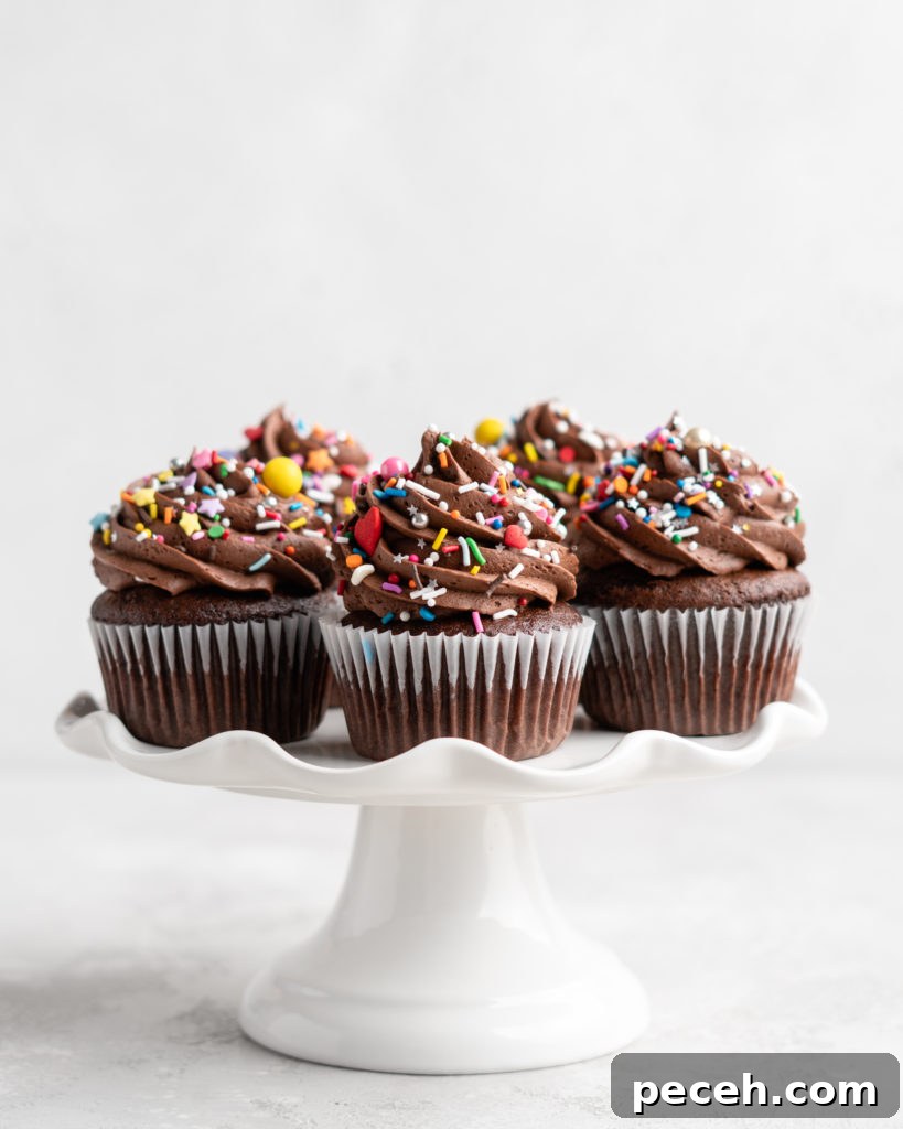 These Chocolate Cupcakes are moist and fluffy, and jam-packed with rich chocolate flavor! Topped with a rich, buttery chocolate buttercream