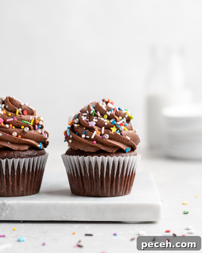 These Chocolate Cupcakes are moist and fluffy, and jam-packed with rich chocolate flavor! Topped with a rich, buttery chocolate buttercream